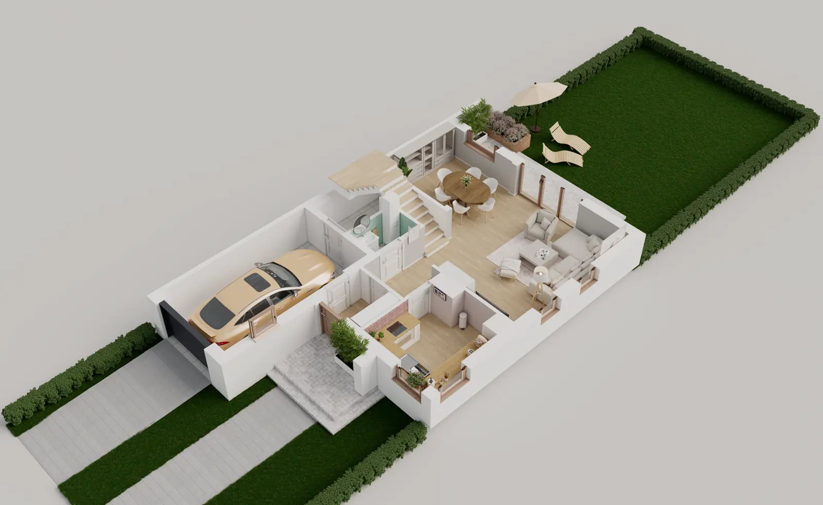 Rzut 3D parteru domu z garażem i ogrodem